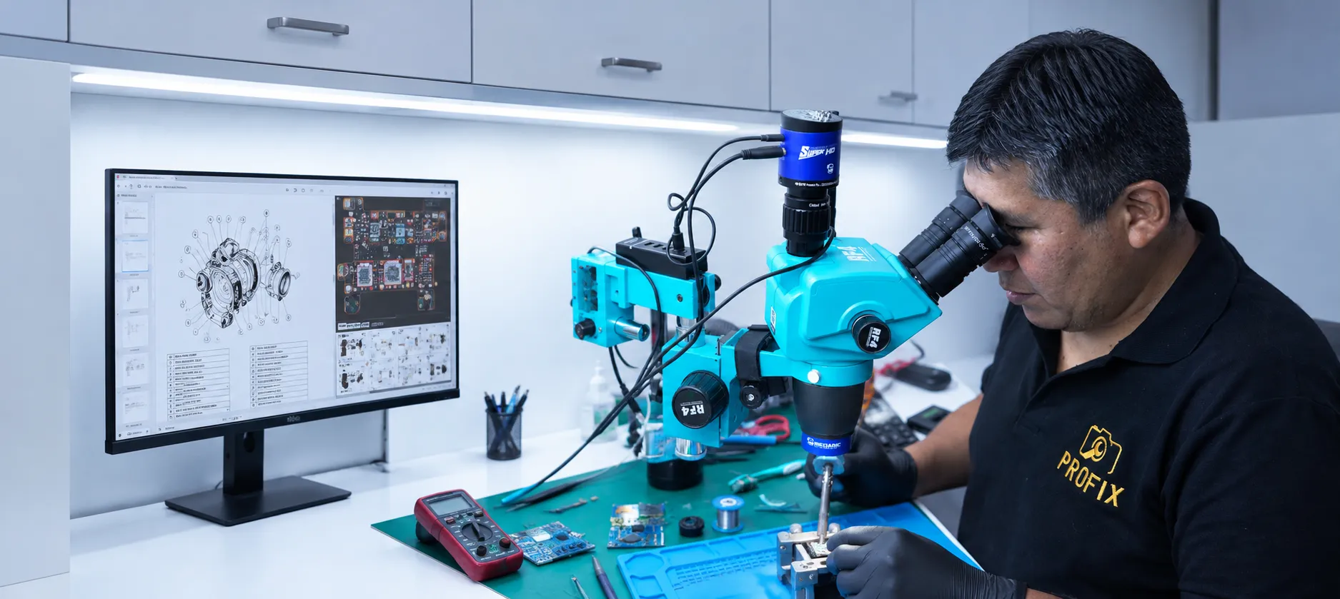 Técnico de PROFIX utilizando un microscopio especializado