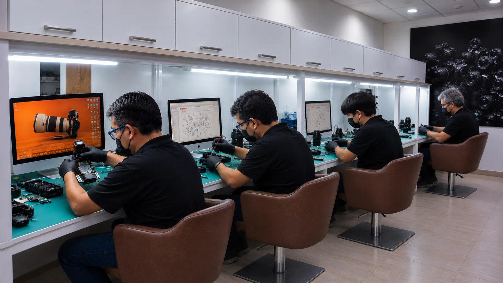 Técnicos de PROFIX Perú realizando reparaciones de cámaras y lentes en laboratorio especializado